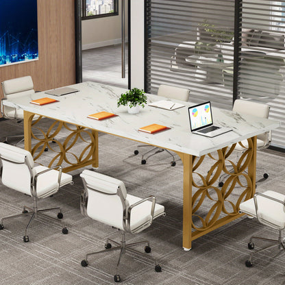 Conferentietafel – Vergadertafel – Bureautafel – Ontmoetingstafel – Werktafel – Wit met Gouden Accenten – Verstelbare Hoogte 68,5 cm – Stevig MDF Tafelblad en Metalen Frame
