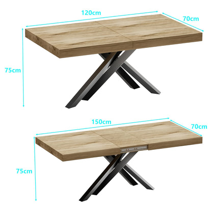 Eettafel – Uitschuifbare Tafel – Keukentafel – Eetkamertafel – Industrieel – Hardhouten Blad – Metalen X-poten – Ruimtebesparend Design