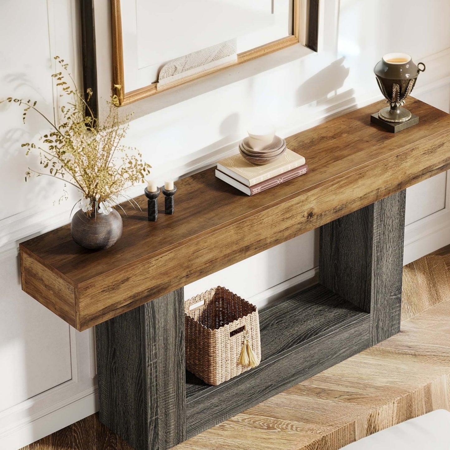 Console Tafel – Sidetable – Haltafel – Sofa Tafel – Wandtafel – Vintage Bruin & Grijs – 160 cm Lang – U-Vormige Onderstel