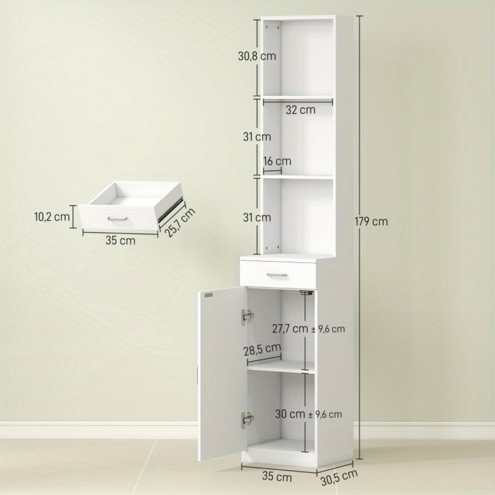 Badkamerkast – Badkamermeubel – Opbergkast – Kolomkast – Wastafelonderkast – Hoog en Smal – Verstelbare Planken en Lade – 35x30,5x179 cm – Duurzaam Wit MDF