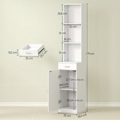 Badkamerkast – Badkamermeubel – Opbergkast – Kolomkast – Wastafelonderkast – Hoog en Smal – Verstelbare Planken en Lade – 35x30,5x179 cm – Duurzaam Wit MDF