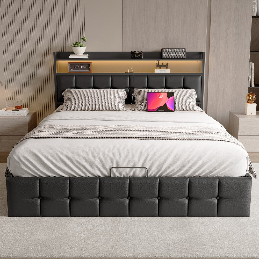 Bedframe – Tweepersoonsbed – Gestoffeerd Bed – Platformbed – Met Opbergruimte – 160x200 cm – LED-Verlichting – Hydraulisch Opklapbaar