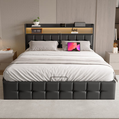 Bedframe – Tweepersoonsbed – Gestoffeerd Bed – Platformbed – Met Opbergruimte – 160x200 cm – LED-Verlichting – Hydraulisch Opklapbaar