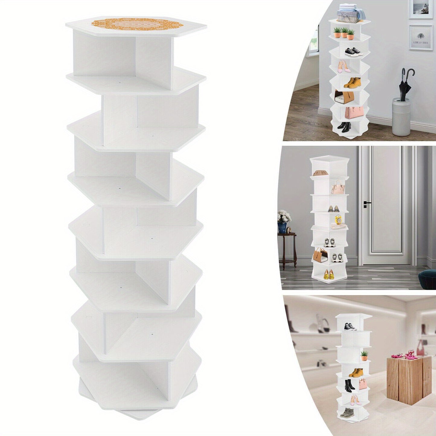 7-laags Draaibaar Schoenenrek – Schoenenkast – Schoenentoren – Schoenhouder – Schoenopberger – 360° Rotatie – Duurzaam PVC Wit