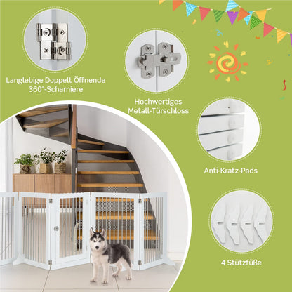 Hondenhek – Hondenren – Puppyhek – Traphekje – Loophekje – Vrijstaand – 6 Panelen Met Deur – 80 cm Hoog – Opvouwbaar – Wit – RVS & Hout – Extra Stevige Steunen