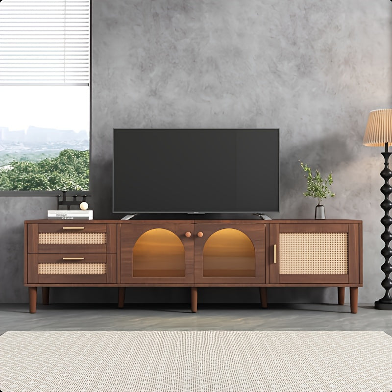 tv meubel – tv kast – tv dressoir – media meubel – tv stand – Groot Bruin Modern Tv Meubel voor 70-80 Inch – Gebogen Deuren & 2 Lades – Ruime Opbergruimte 3,2+ Kubieke Voet – Duurzaam Niet-Hout Materiaal – Eenvoudige Montage