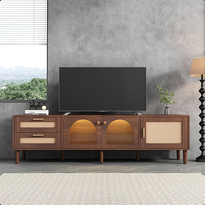 tv meubel – tv kast – tv dressoir – media meubel – tv stand – Groot Bruin Modern Tv Meubel voor 70-80 Inch – Gebogen Deuren & 2 Lades – Ruime Opbergruimte 3,2+ Kubieke Voet – Duurzaam Niet-Hout Materiaal – Eenvoudige Montage