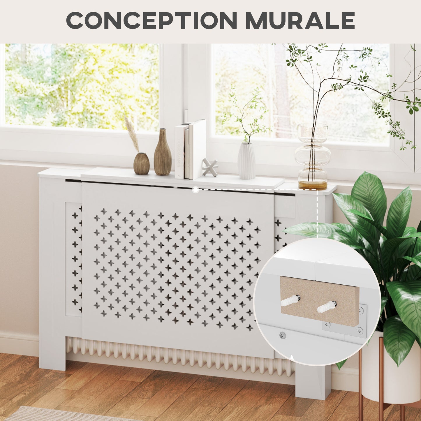 Radiatorombouw – Radiatorbekleding – Radiatorafdekking – Verwarmingsombouw – Radiatoromkasting – Verstelbaar 136-200 cm – MDF Wit met Honingraatpatroon