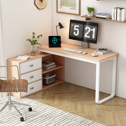 Modern Minimalist Computer Desk & Bookcase Combo - Heavy-Duty Metal Frame, 3 Drawers & 2 Open Shelves, Wide Thick Desktop, Natural Wood Finish, Space-Saving Design for Home Office, Study, or Workspace, Desk Storage, Study Roo