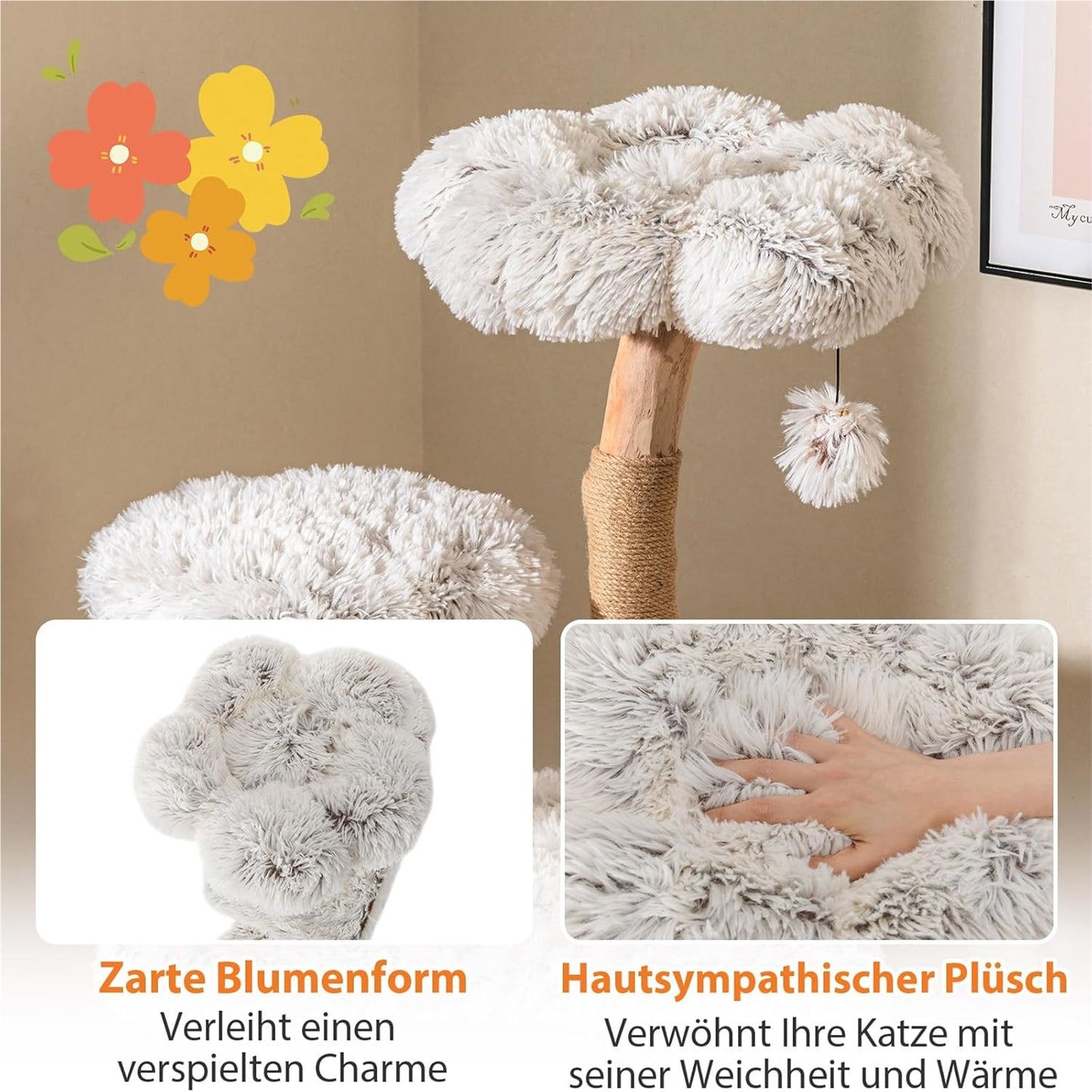Krabpaal Kat – Krabboom Katten – Kattenmeubel – Klimpaal Kat – Kattenboom – 135 cm Hoog – Massief Houten Frame Met Jute Krabposts – Zacht Plush Zitgedeelte Wit