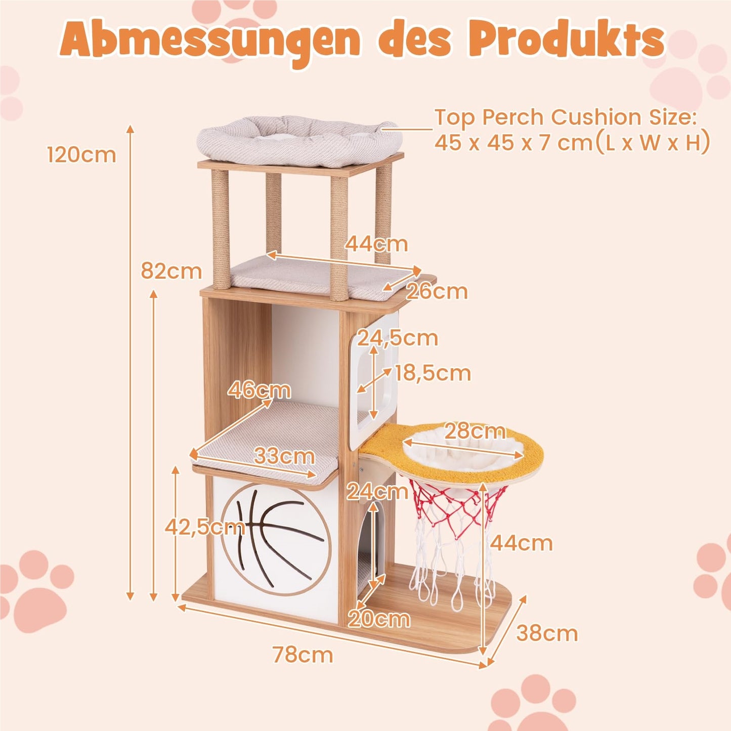 Krabpaal – Kattenboom – Kattenmeubel – Krabton – Krabhuis – 120 cm Hoog – Houten Structuur Met Hangmat Basketbal Design