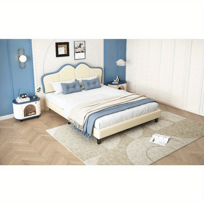 Bedframe – Bedombouw – Bedbodem – Ledikant – Slaapbank – Gevoerd Frame – Veiligheidsranden – 140x200 cm – PU Kunstleer – Wit Blauw