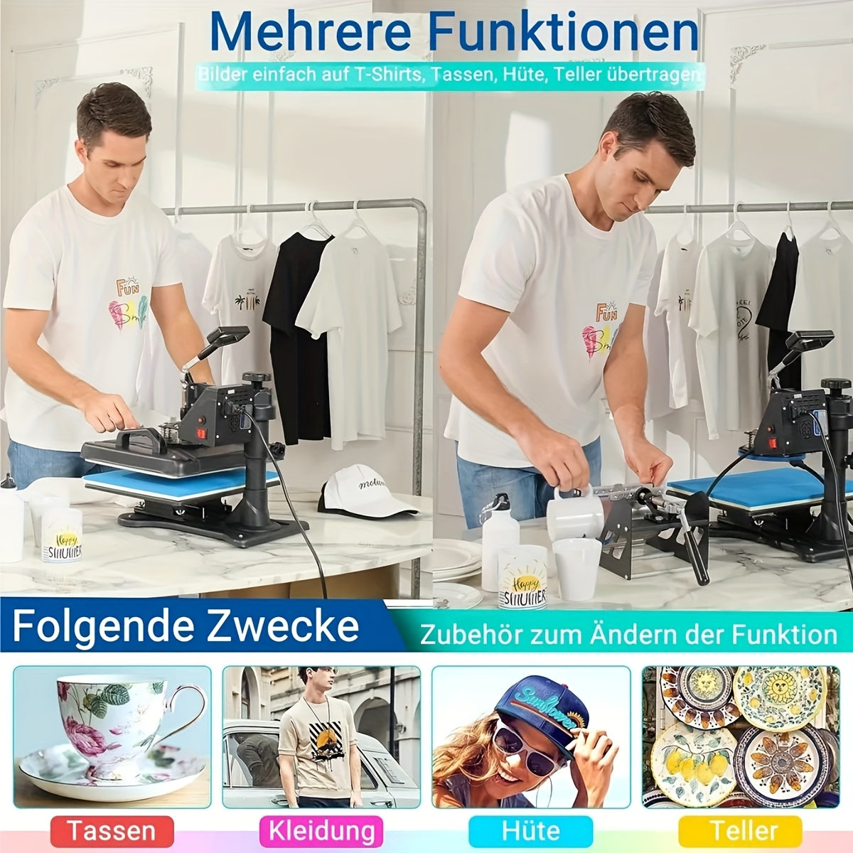 Warmtepers – Hittepers – Transferpers – Sublimatiepers – Textielpers – 5-in-1 Multifunctionele Warmtepers – 30x38 cm Verwarmingsplaat – 360° Draaibare Persarm