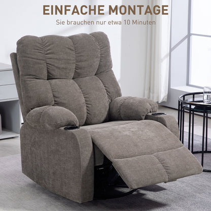 Relaxfauteuil – TV Stoel – Draaifauteuil – Lounge Fauteuil – Schommelstoel – Verstelbare Rugleuning 135° – Met Voetensteun en Bekerhouder – Lichtbruin Polyester