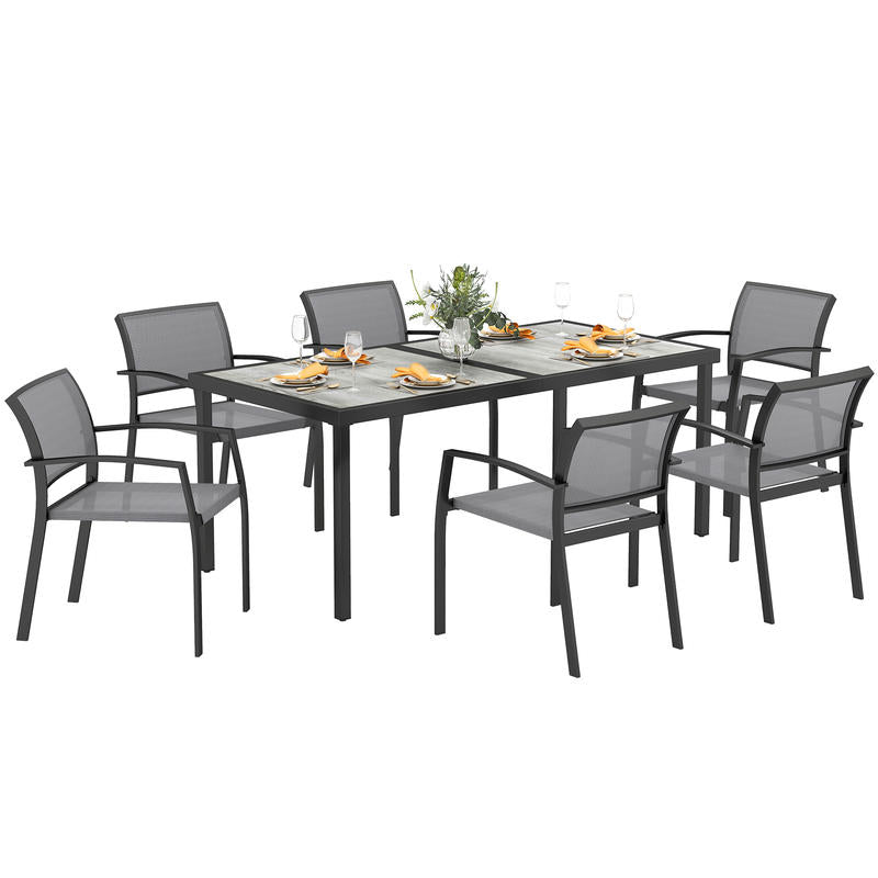 7-Teiliges Ess-Set, 6 Stühle, 1 Tisch, Stapelbar, Leicht Zu Reinigen, Stahlrahmen, Gartenmöbel-Set, Grau, Garten-Bistro-Esstisch Und Stühle, Langlebig Und Leicht Zu Reinigen