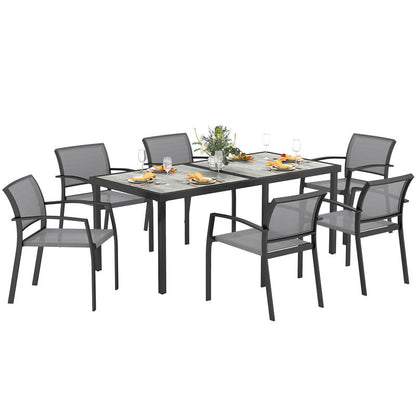 7-Teiliges Ess-Set, 6 Stühle, 1 Tisch, Stapelbar, Leicht Zu Reinigen, Stahlrahmen, Gartenmöbel-Set, Grau, Garten-Bistro-Esstisch Und Stühle, Langlebig Und Leicht Zu Reinigen