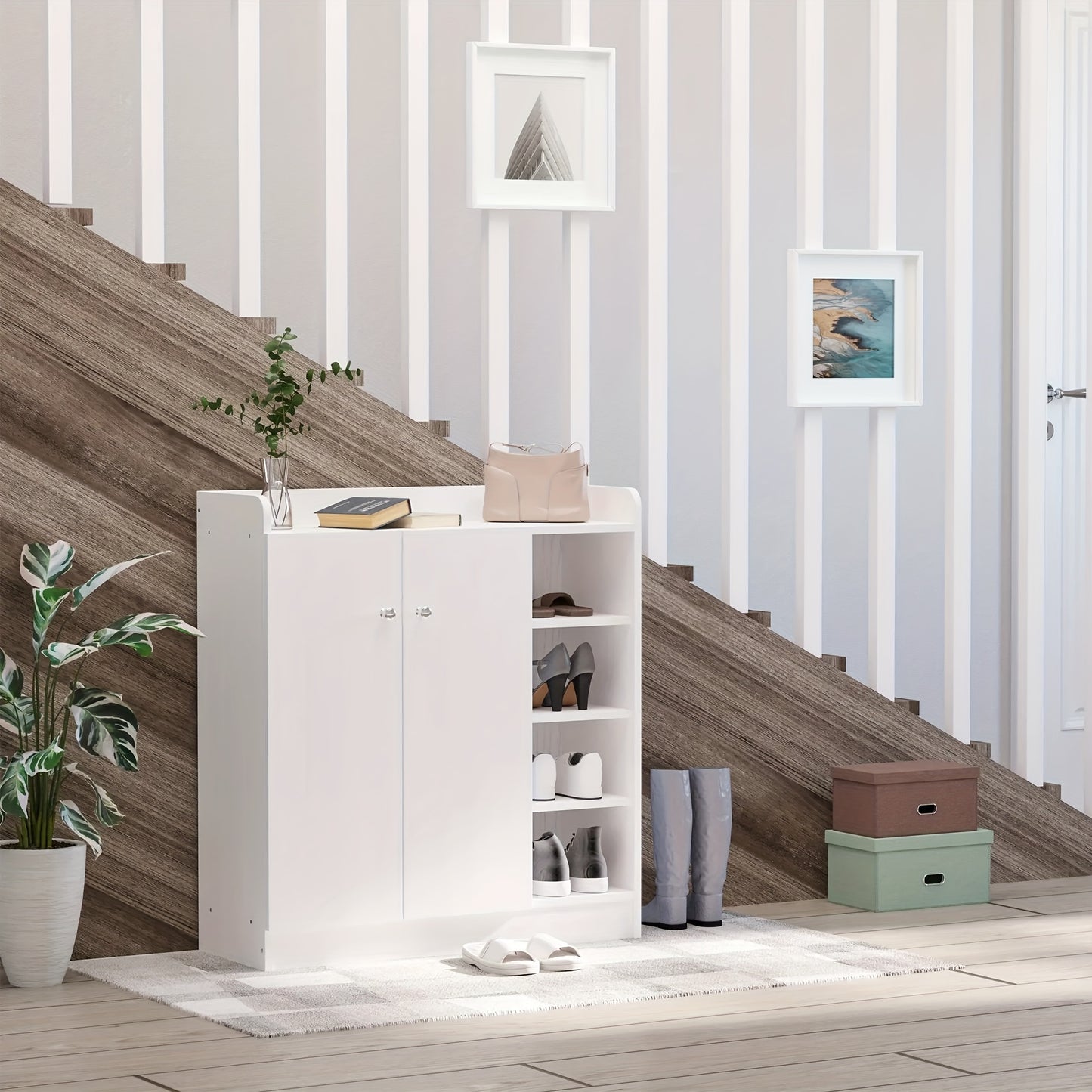 Schoenenkast – Schoenenrek – Schoenenopberger – Schoenenkastje – Schoenenbankje – Wit – Compact & Ruimtebesparend – 2 Deuren 4 Vakken 83x30x90 cm