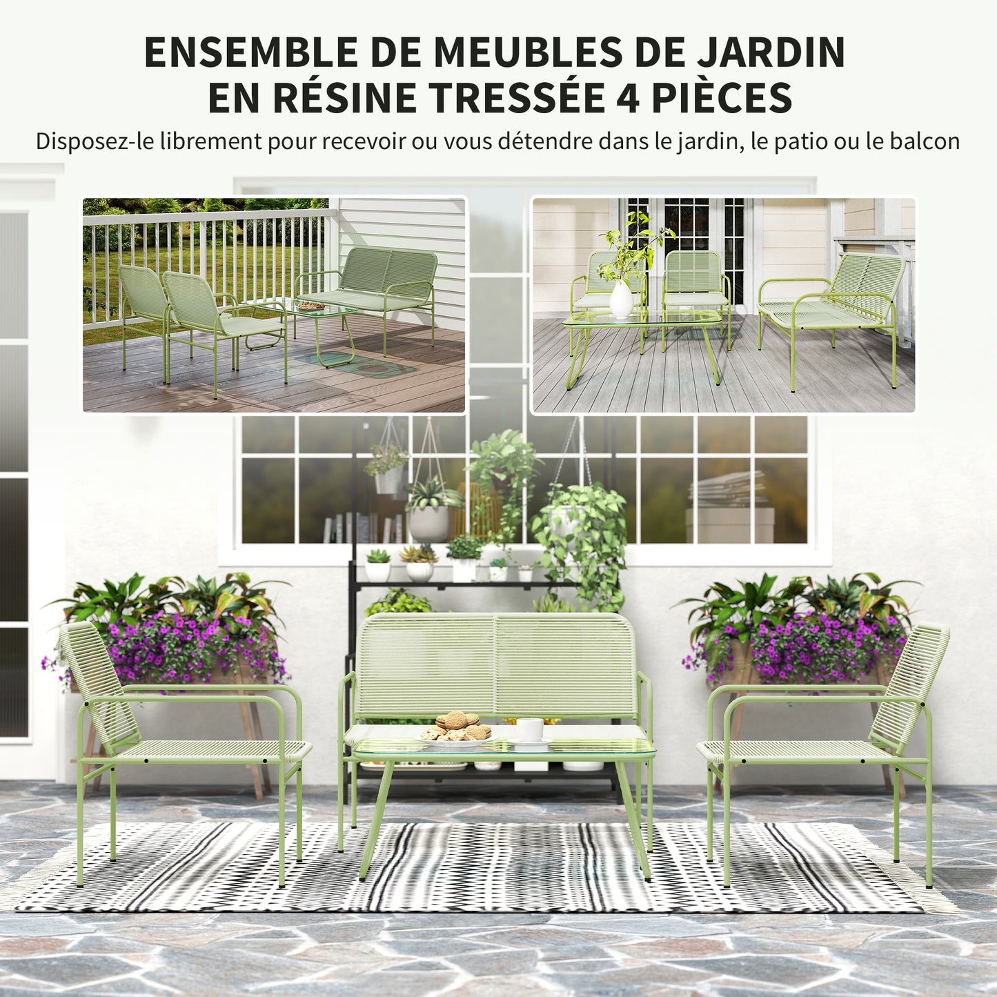 4-Persoons Loungeset Buiten – Tuinmeubels – Loungesofa – Balkonset – Terras Meubilair – Groen – Weerbestendig Gevlochten Kunststof – Temperglas Salontafel
