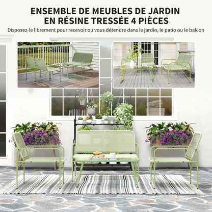 4-Persoons Loungeset Buiten – Tuinmeubels – Loungesofa – Balkonset – Terras Meubilair – Groen – Weerbestendig Gevlochten Kunststof – Temperglas Salontafel