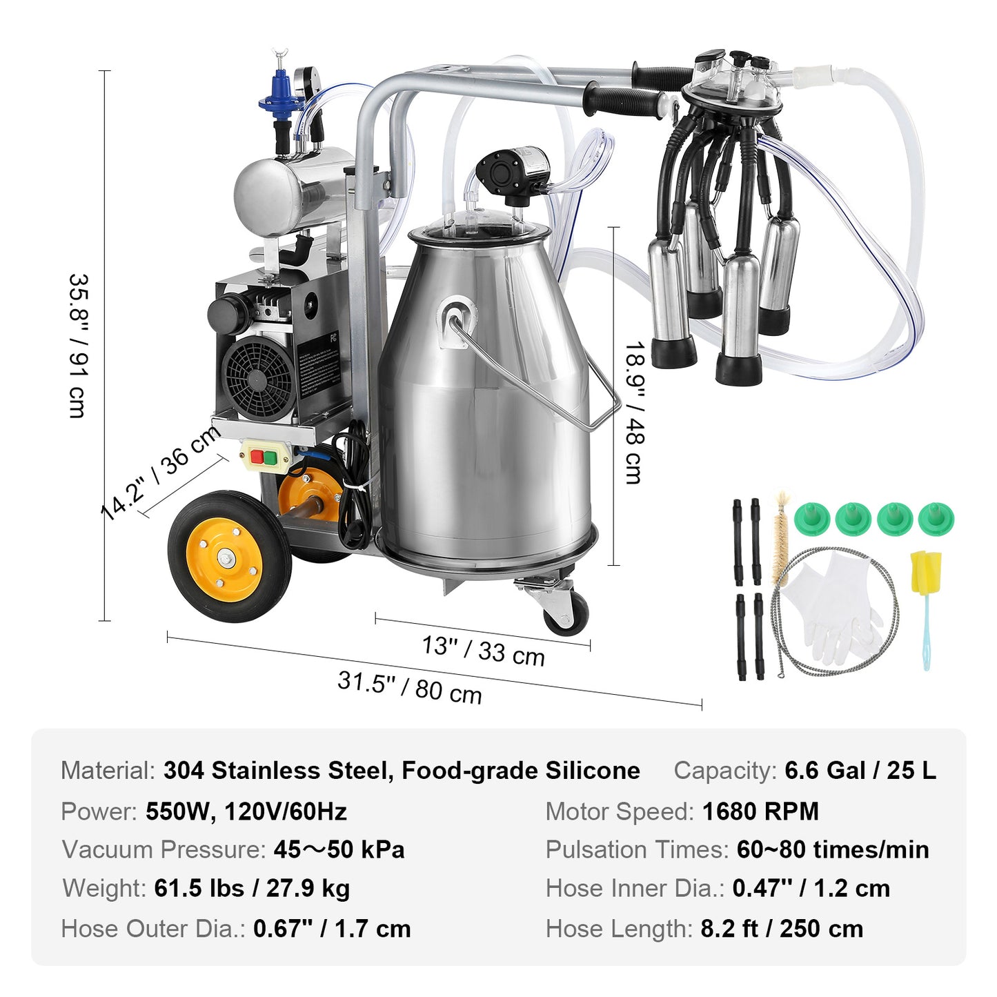 Melkmachine – Elektrische Melkset – Geitenmelker – Koeienmelker – Melkafname Apparaat – 25 Liter Roestvrij Staal – 550W Krachtige Motor – Instelbare Vacuümpulsatie