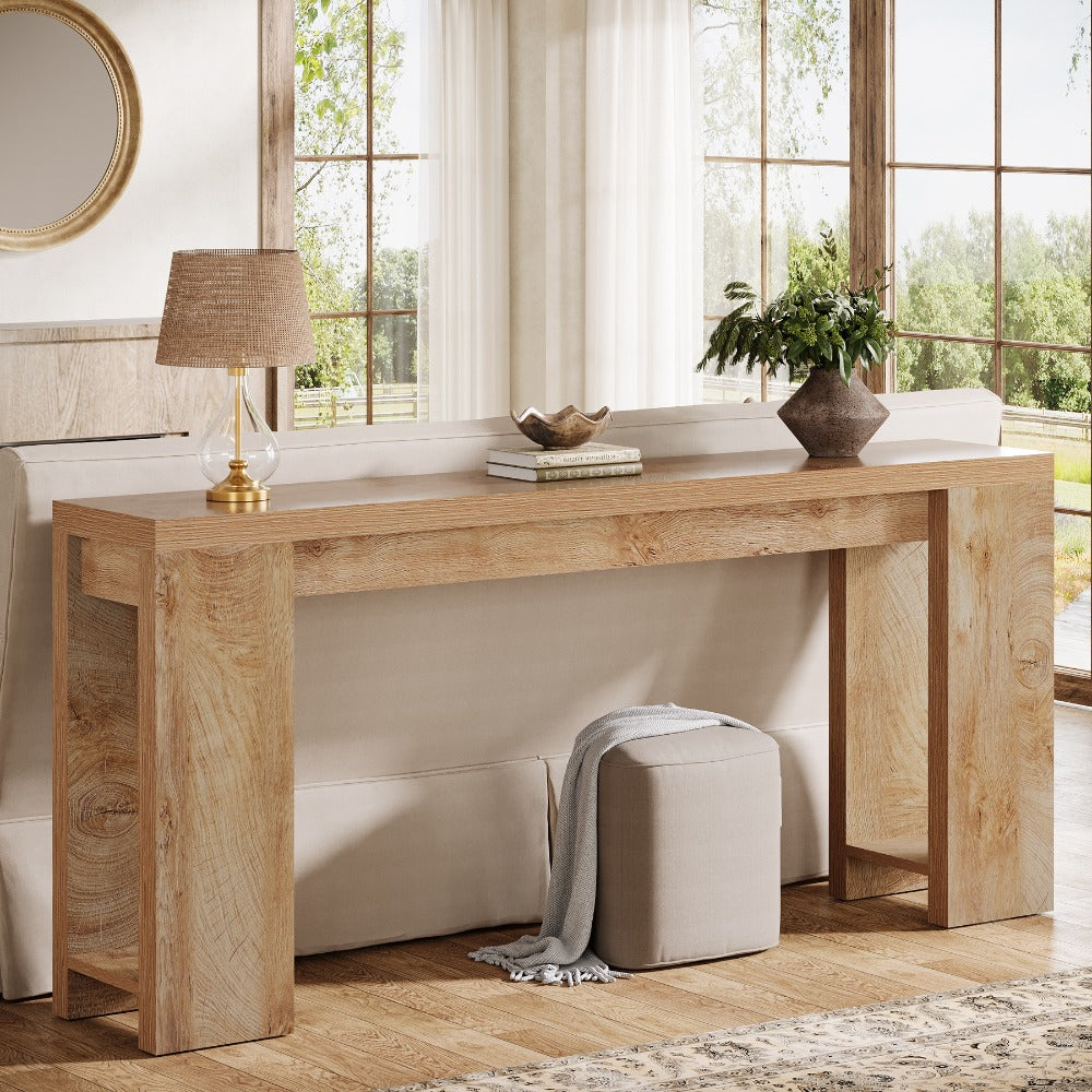 63-Inch Extra Long Console Table Suitable for Entryway, Living Room - Modern Farmhouse Sofa Table with Light Oak Brown Engineered Wood Top & Narrow Space-Saving Design, Easy Assembly for Hallway, Apartment, Small Spaces - Dur