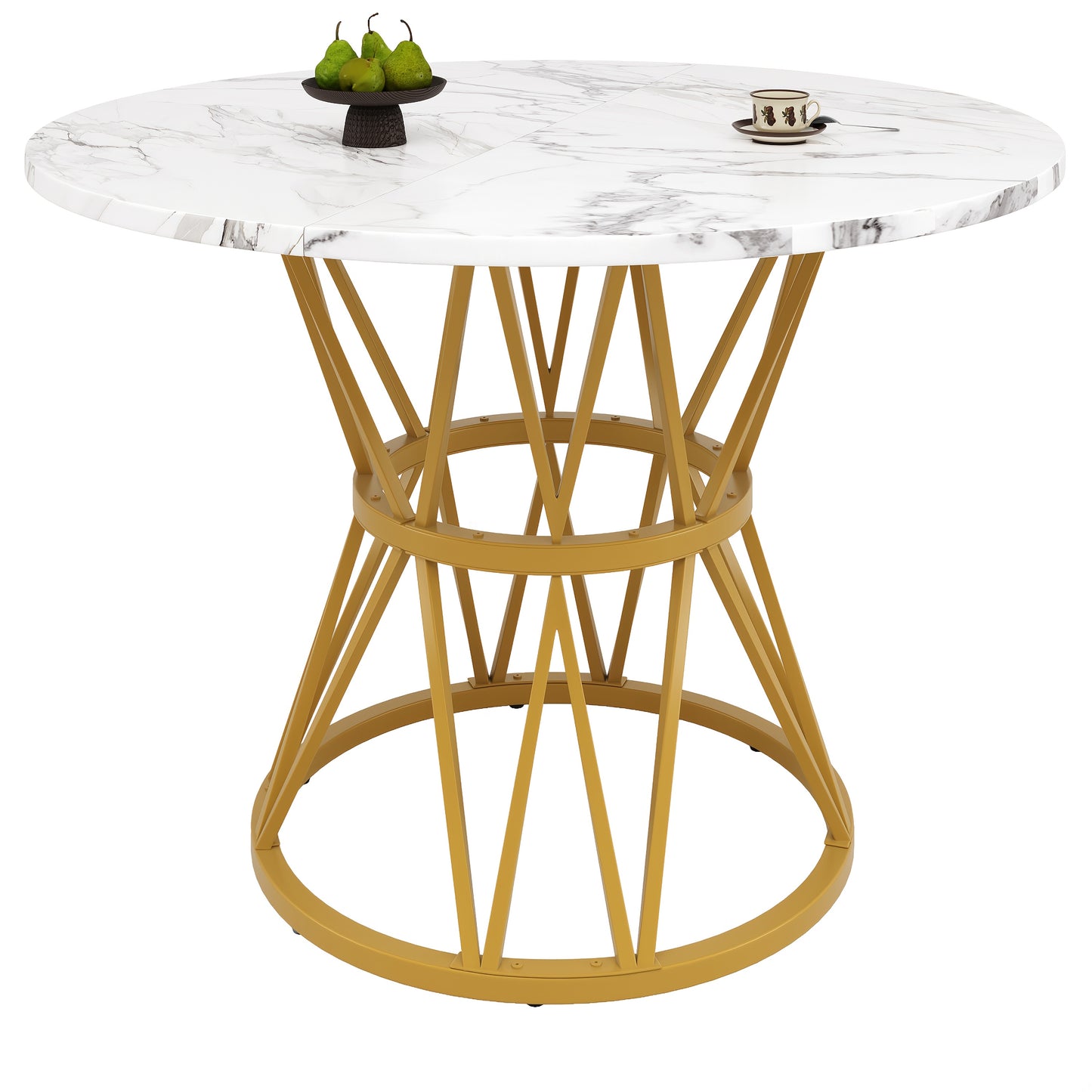 Modern Round Dining Table - 4-Person Round Coffee Table with Marble Top & Golden Metal Legs, 100x100x76cm, Contemporary Design for Kitchen, Living Room, or Dining Room, Easy Assembly, No Power Needed, Dining Table Decor, Eleg