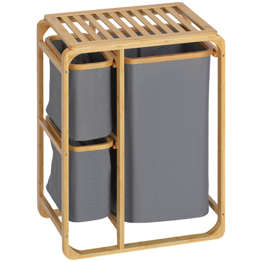 Bamboe Wasmand – Wasbak – Wasbox – Wascontainer – Wasopvang – Natuurlijke Grijze Kleur – 3 Uitneembare Mandjes – Compact & Ventilerend Ontwerp