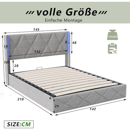 Tweepersoonsbed – Opbergbed – Ladebed – Fluwelen Bed – Bed Met Led Verlichting – 140x200 cm – Hydraulische Opberglades Met Zachte Fluwelen Bekleding
