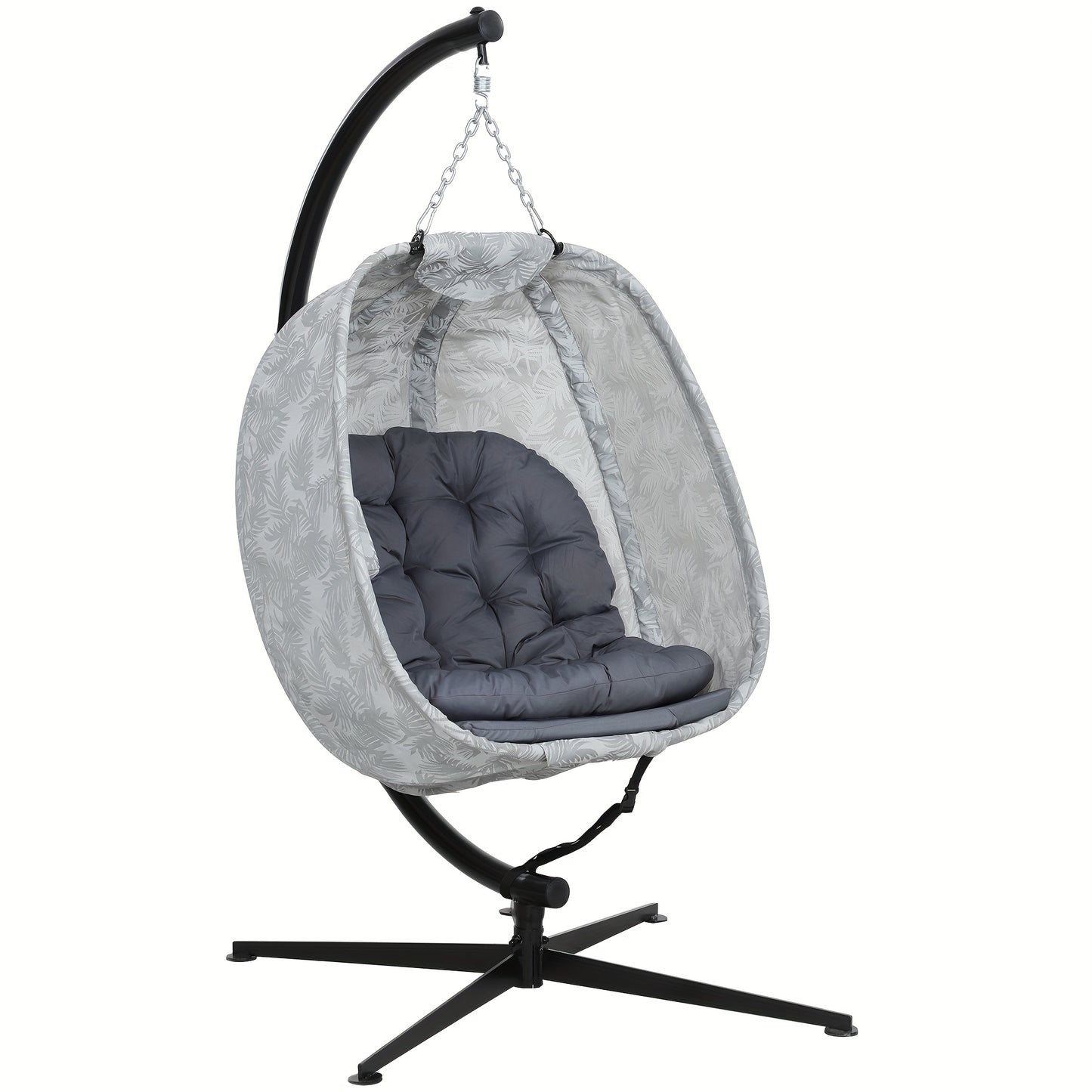 Hangstoel Vouwstoel Schommelstoel Relaxstoel Egg Chair – Grijs Kussen – Zwart Metaal Frame – Handmatig Verstelbare Rugleuning – Compact Opvouwbaar – Weerbestendig