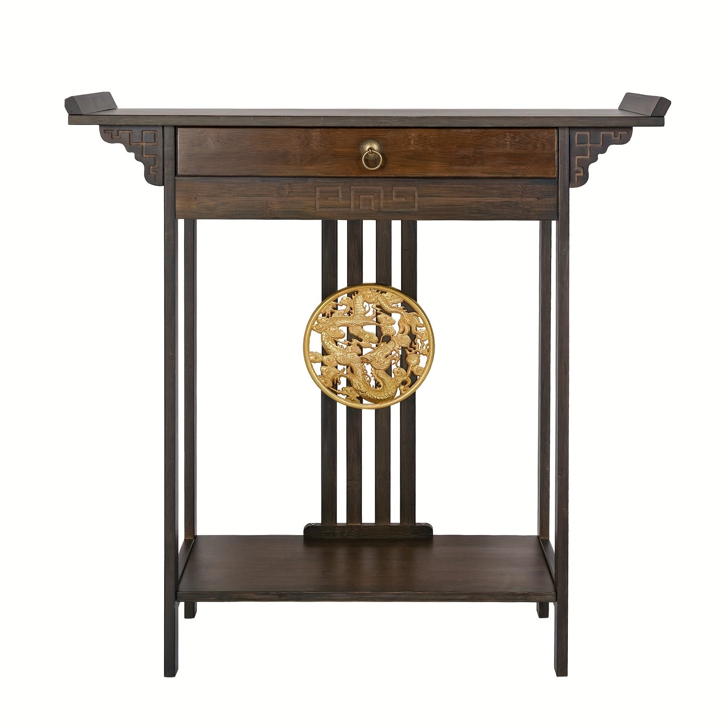 Retro Farmhouse Sidetable – Houten Dressoir – Halmeubel – Sofa Tafel – Nachtkastje – Donkerbruin – Massief Hout – Lade en Plank – 119,89x39,88x76,96 cm – Gouden Knoppen – Eenvoudige Montage