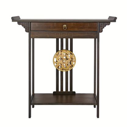 Retro Farmhouse Sidetable – Houten Dressoir – Halmeubel – Sofa Tafel – Nachtkastje – Donkerbruin – Massief Hout – Lade en Plank – 119,89x39,88x76,96 cm – Gouden Knoppen – Eenvoudige Montage