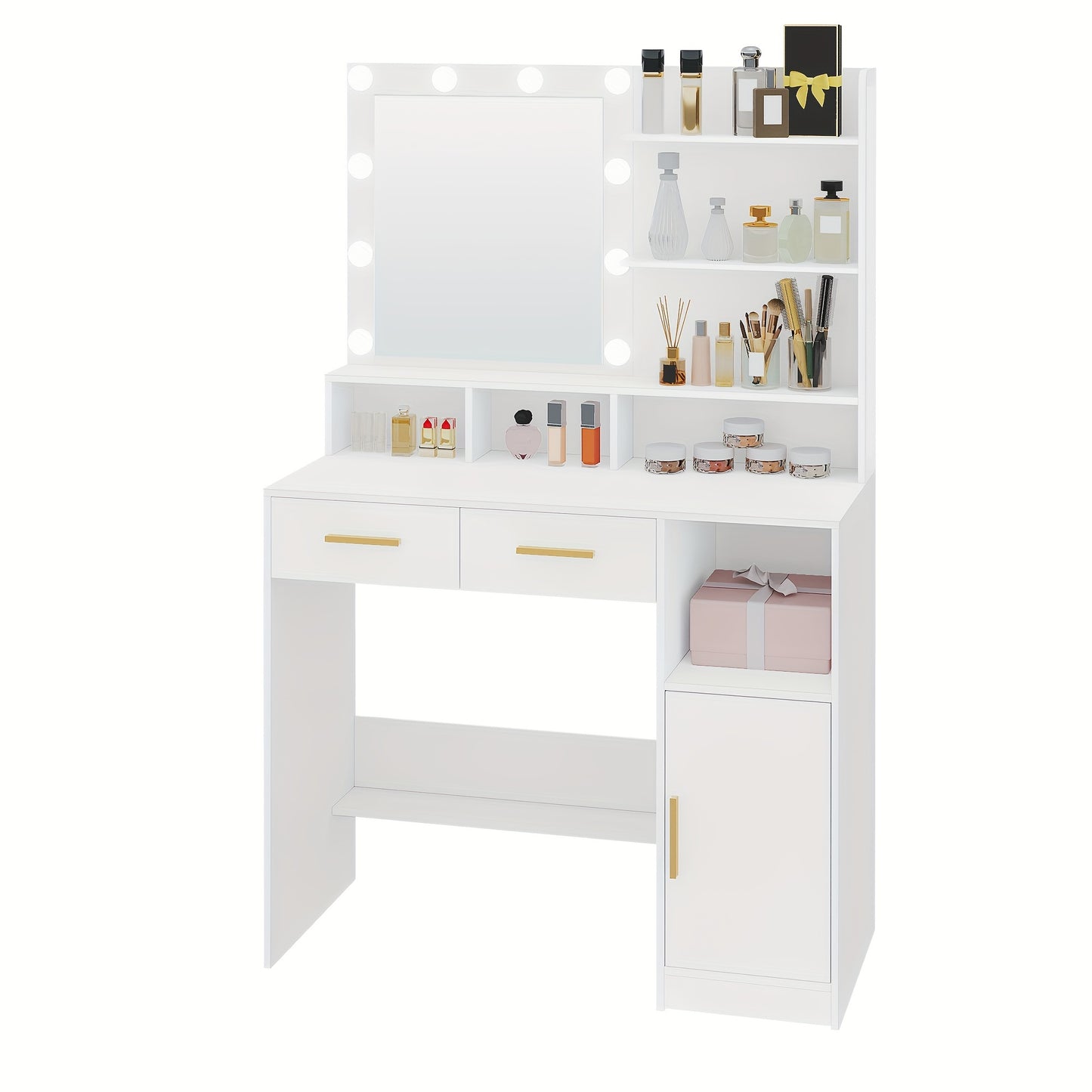 Make-up Tafel – Dressing Table – Kaptafel – Schminktisch – Vanity Table – Witte Make-up Tafel – 10 LED Lampjes Met Verstelbare Helderheid – 2 Lades, Kastje En Opbergruimte