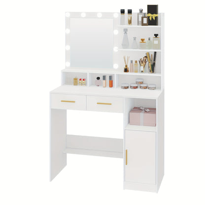 Make-up Tafel – Dressing Table – Kaptafel – Schminktisch – Vanity Table – Witte Make-up Tafel – 10 LED Lampjes Met Verstelbare Helderheid – 2 Lades, Kastje En Opbergruimte