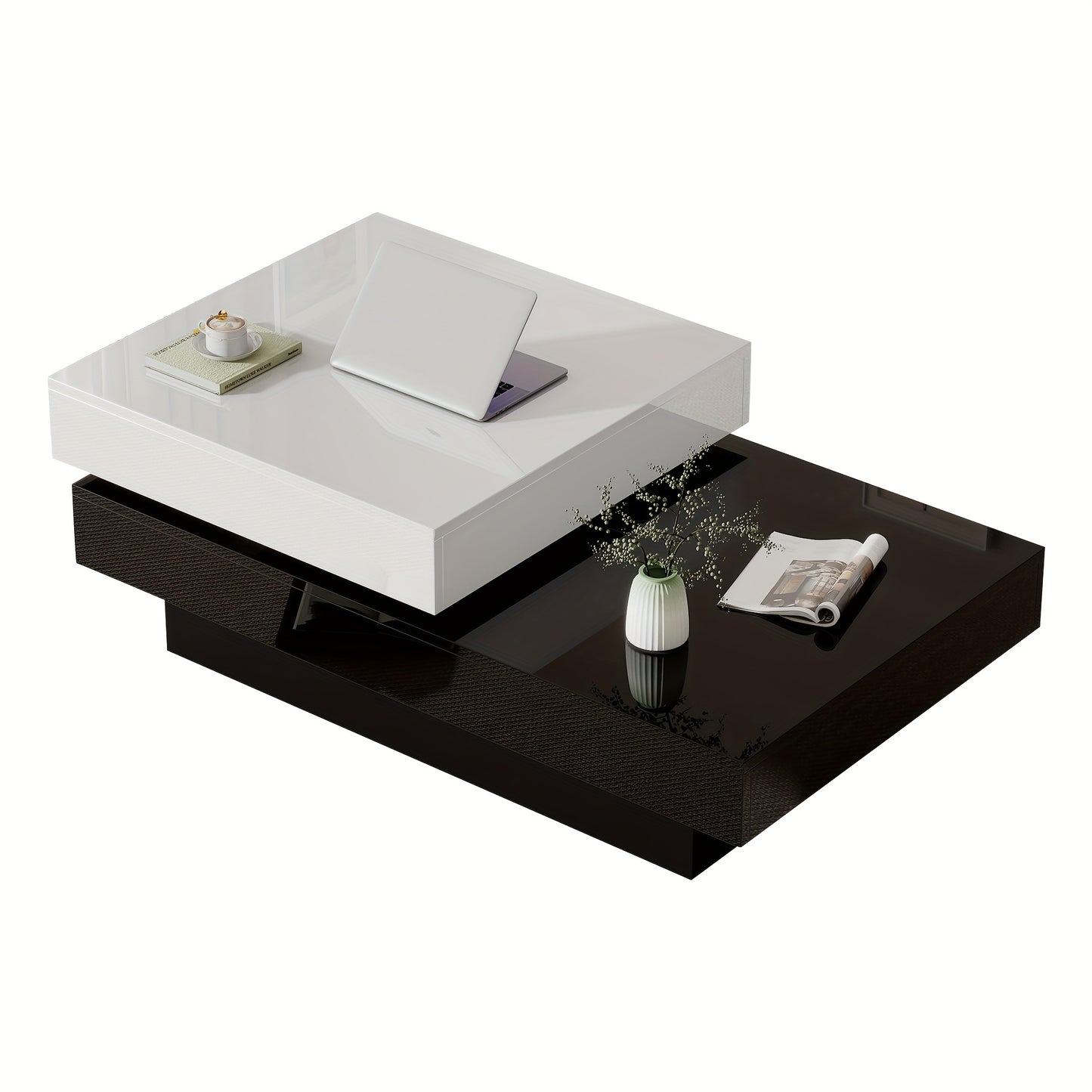 Salontafel – Tafel – Koffietafel – Bijzettafel – Draaibare Tafel – Zwart-Wit – Hoogglans – Metalen Constructie – Draaibaar Middenstuk – Ruimtebesparend Ontwerp