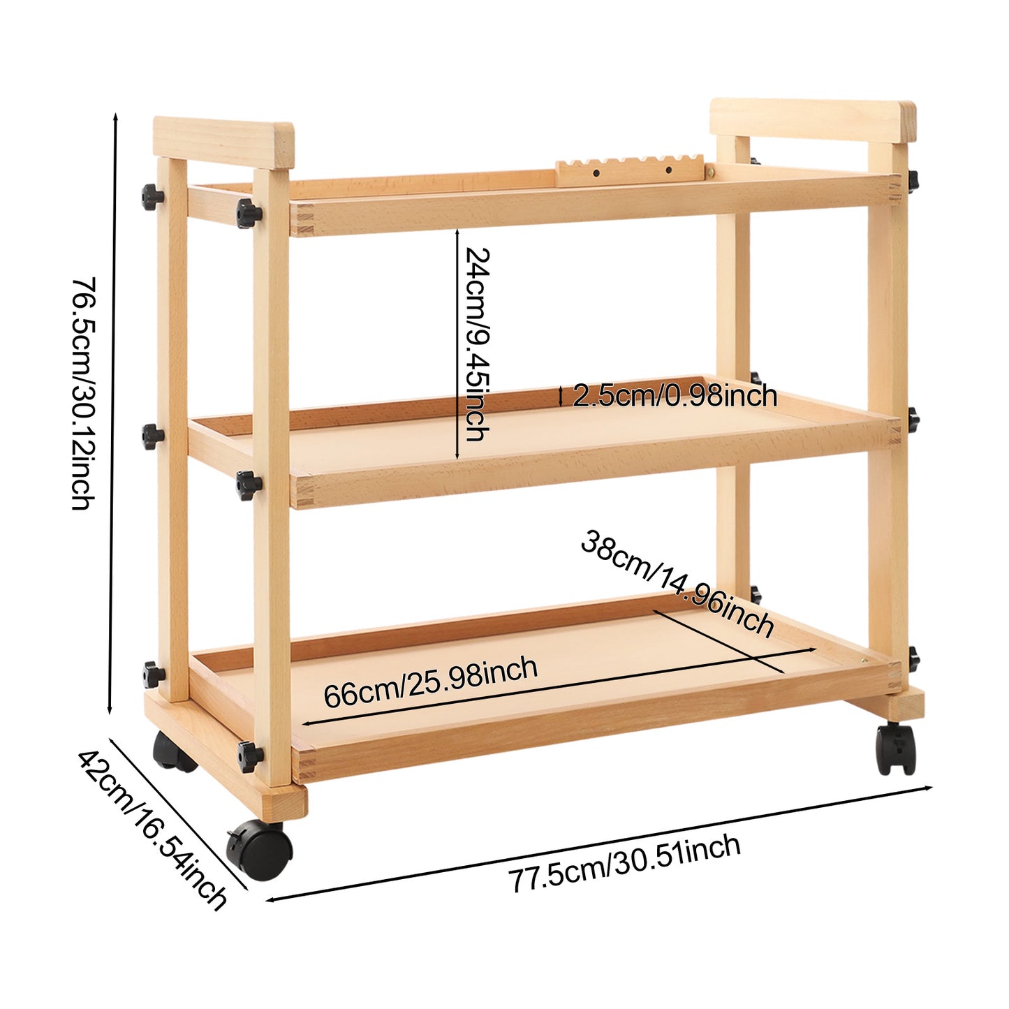3-laags Kunstwagen – Kunstkar – Opberger – Trolley – Werkstation – Houten Planken – Metalen Frame – Mobiel met Remmen – Stevig & Ruim