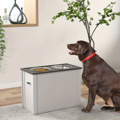 Hondenvoerbak – Voederstation – Drinkbak – Voederschalen – Voerbakhouder – Roestvrij Staal – Opbergruimte 2L – Verhoogd Design – Wit