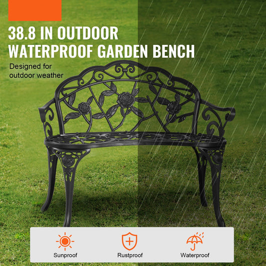 Metalen Tuinbank – Tuinbankje – Buitenbank – Parkbank – Terrasbank – Vintage Design – Weerbestendig Metalen Frame – Comfortabele Rugleuning en Armleuningen – Zwart