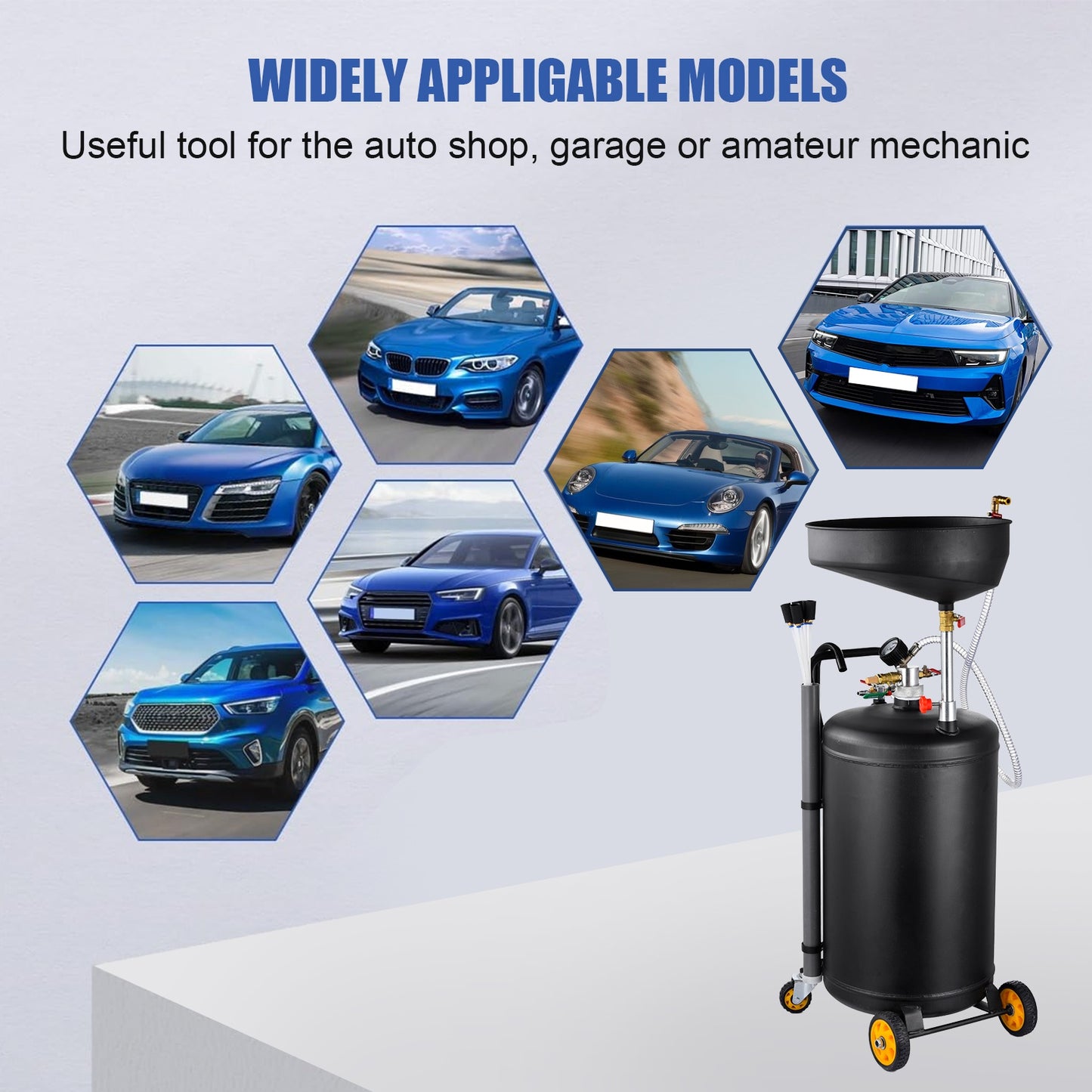Portable 2-in-1 Used Oil Drain Oil Collector | 90 L Pneumatic Oil Drain, Adjustable Height, Stainless Steel, Equipped with Wheels, Black Color