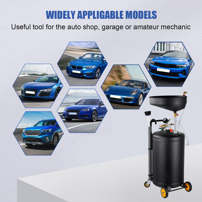Portable 2-in-1 Used Oil Drain Oil Collector | 90 L Pneumatic Oil Drain, Adjustable Height, Stainless Steel, Equipped with Wheels, Black Color