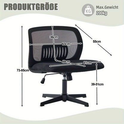 Armless Bureaustoel – Zonder Armleuningen – Bureaustoel – Werkstoel – Task Chair – Zacht Schuimgevuld – 360° Draaibaar – Verstelbare Hoogte – Zwart – Metalen Frame – Ruime Zitting