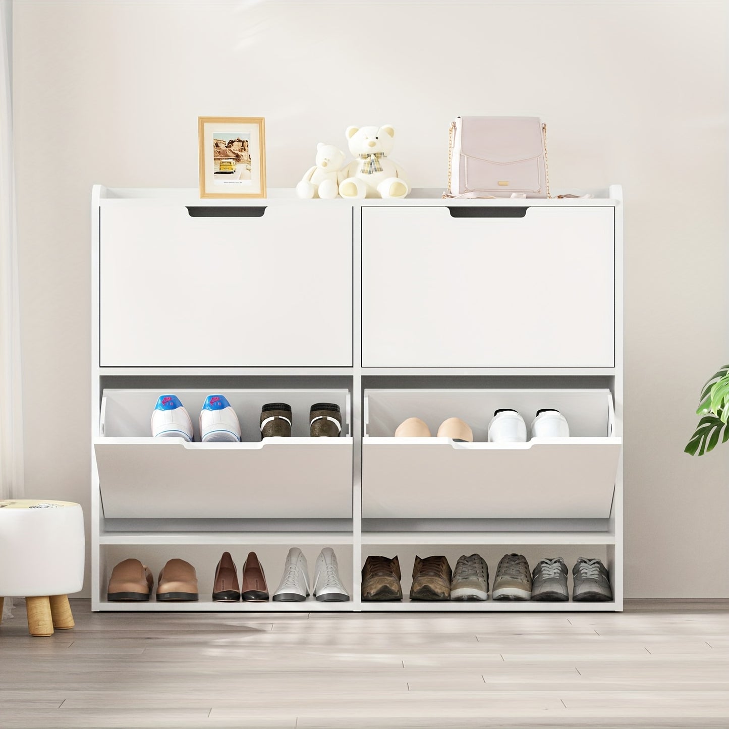 Schoenenkast – Schoenenrek – Schoenenopberger – Schoenenmeubel – Opbergkast – Wit – 4 Vouwdeuren – Compact 100x19x91 cm
