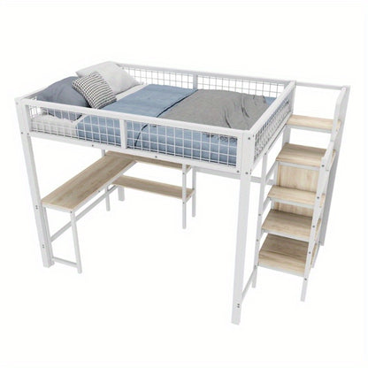 Metalen Halfhoogslaper – Hoogslaper Met Bureau – Bed Met Opbergruimte – Slaapbank – Kinderbed – Stevige Constructie – 140x200 cm
