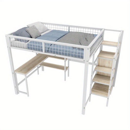 Metalen Halfhoogslaper – Hoogslaper Met Bureau – Bed Met Opbergruimte – Slaapbank – Kinderbed – Stevige Constructie – 140x200 cm