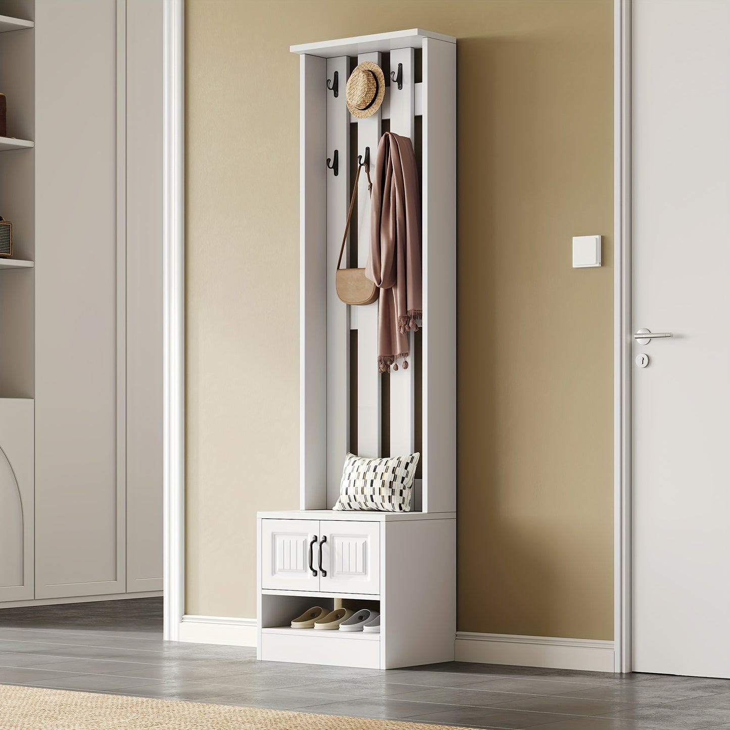 Kapstok – Staande Kapstok – Garderoberek – Schoenenbank – Schoenkast – Wit – 8 Haken – Vrijstaand 190 cm Hoog