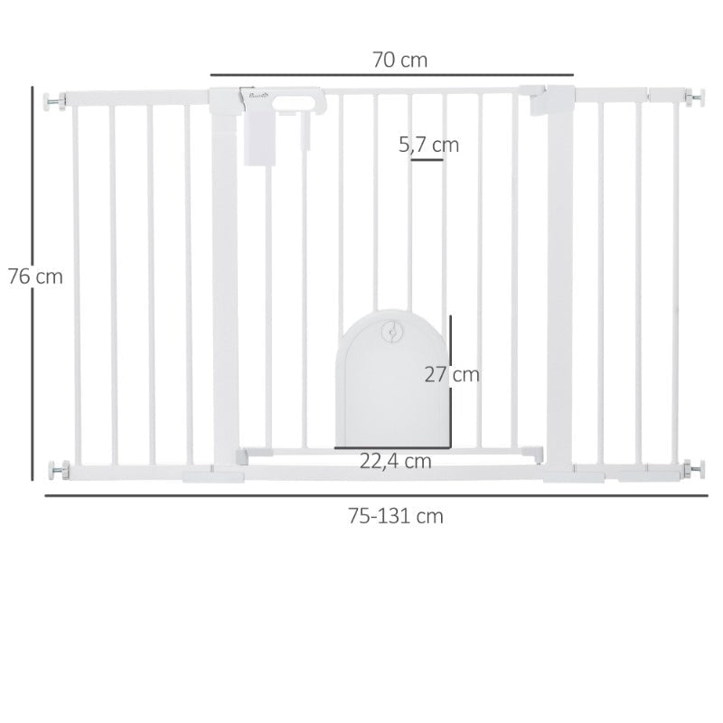 Traphekje – Veiligheidhek – Kinderbeveiliging – Huisdierhek – Adaptief Veiligheidsgordijn – Wit Metaal en ABS – Verstelbaar 75-131 cm Breed – 76 cm Hoogte