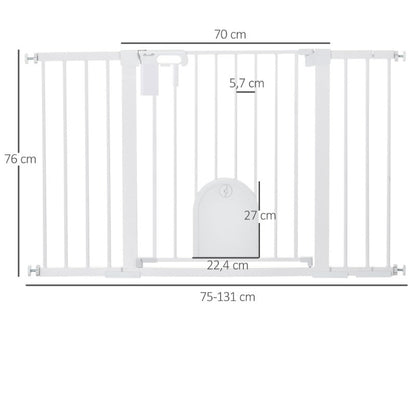 Traphekje – Veiligheidhek – Kinderbeveiliging – Huisdierhek – Adaptief Veiligheidsgordijn – Wit Metaal en ABS – Verstelbaar 75-131 cm Breed – 76 cm Hoogte