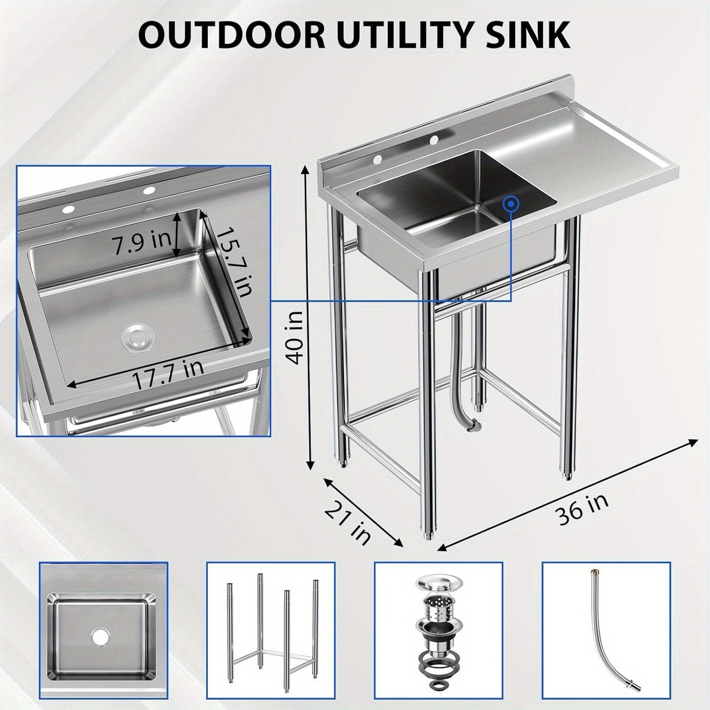 Robuuste Spoelbak – RVS Wasbak – Keukenspoelbak – Werkplekspoelbak – Vrijstaande Spoelbak – Extra Groot Formaat 90x53x102 cm – Stevig RVS & Makkelijk Schoon Te Maken
