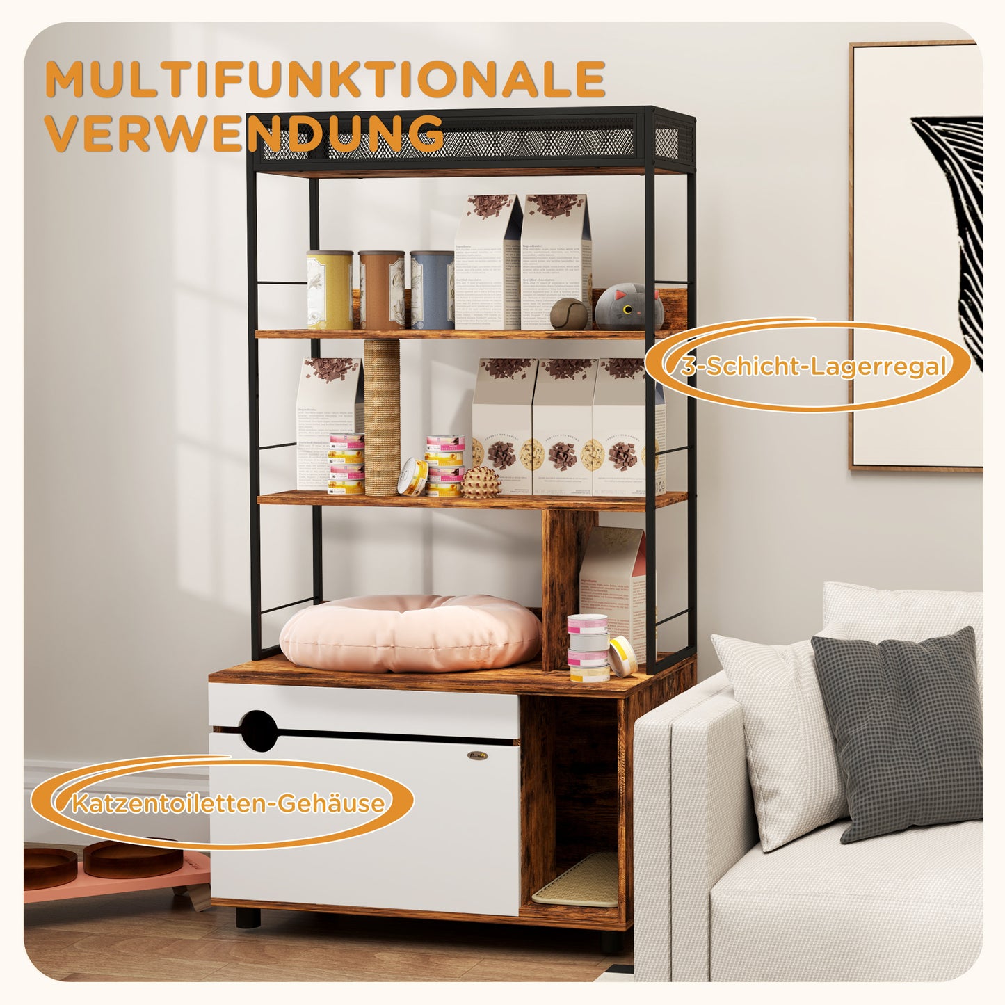 Kattenbakmeubel – Kattenbakkast – Kattenhuis – Kattentoilet – Kattenbakverstopper – Multifunctioneel 2-in-1 Design – Ruime Opbergruimte & Geïntegreerde Krabpaal – 80x48x152 cm – Rustiek Bruin