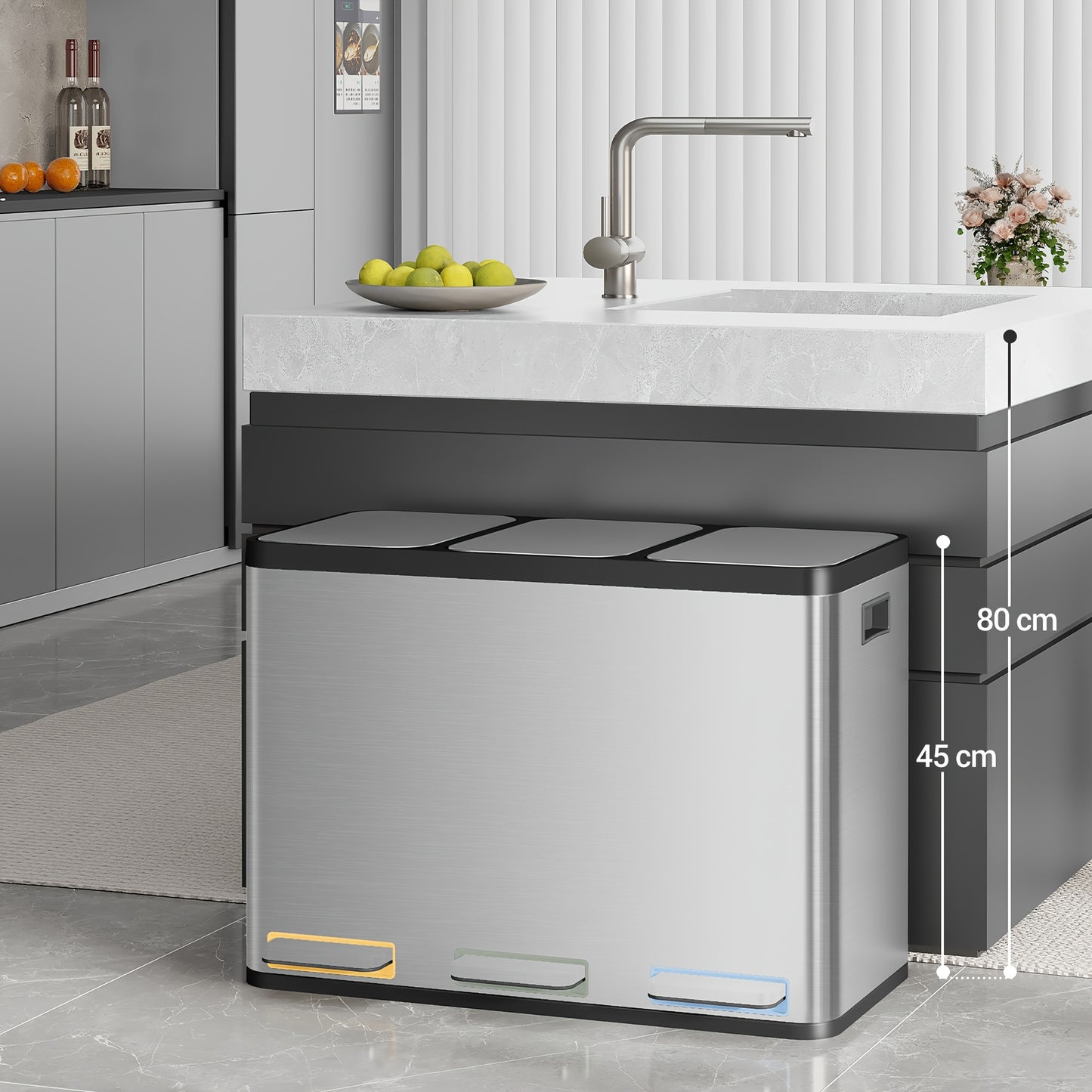 Stainless Steel Kitchen Trash Can with 3-Compartment Waste Sorting System, 45L Total Capacity (3 x 15L) - Heavy-Duty Rectangular Design, Quiet Slow-Lowering Lid - QUORE