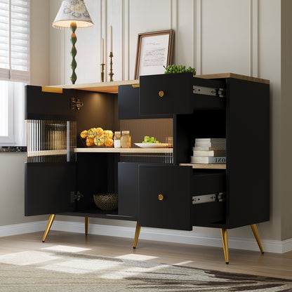 Dressoir – Opbergkast – Ladekast – Buffetkast – Wandkast – Zwart Met Schuifdeuren Van Glas – Vochtbestendig Niet-Houten Materiaal Met Gouden Accenten